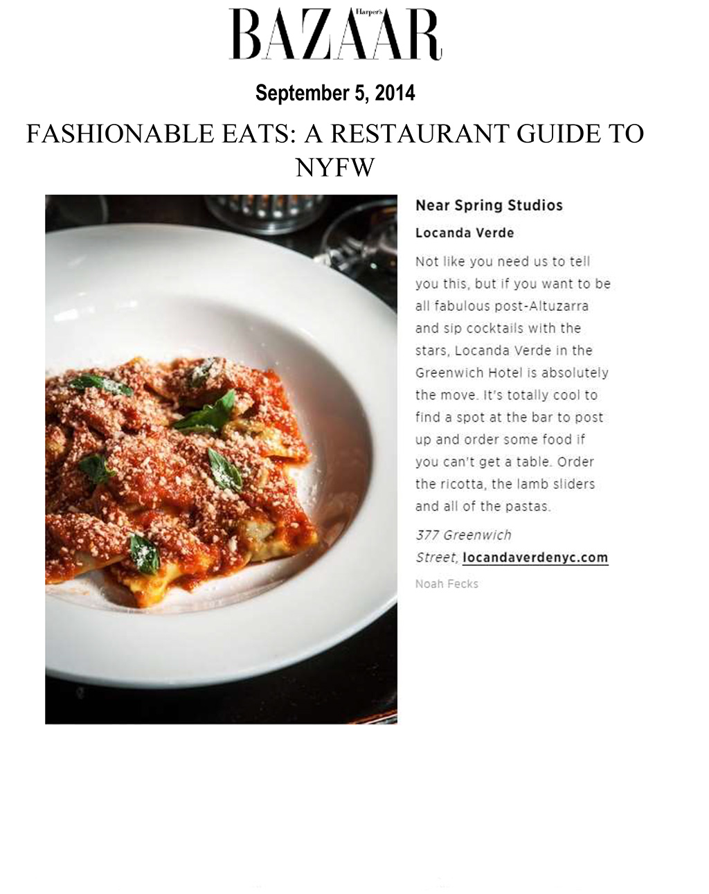 Harper's Bazaar recommends hotel guests in New York for Fashion Week dine at Tribeca favorite Locanda Verde